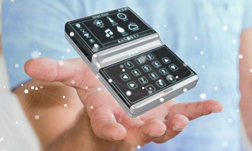 Businessman using smart home remote device 3D rendering Businessman on blurred background using smart home remote device 3D rendering